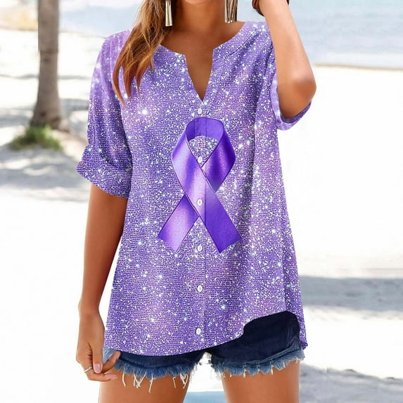 Nfurl Breast Cancer Ribbon T Shirts for Women Cancers Awareness Shirt Casual Short Sleeve V Neck Button Up Tshirts Graphic Tees Tops Purple L