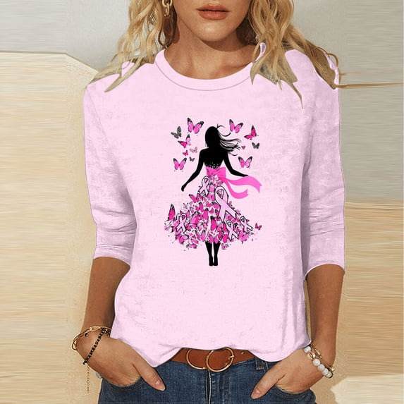 Nfurl Breast Cancer Shirts for Women Pink Ribbon Print Loose Casual 3/4 Sleeve T Shirts Inspirational T-shirts Breast Cancer Awareness Clothes Pink,S
