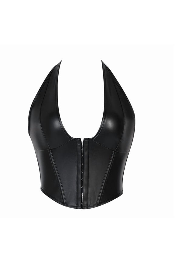 Bustier Corset Tops for Women Elegant Halter Crop Tops Deep V Neck Going Out Corsets Faux Leather Renaissance Corset Bustier Black,L