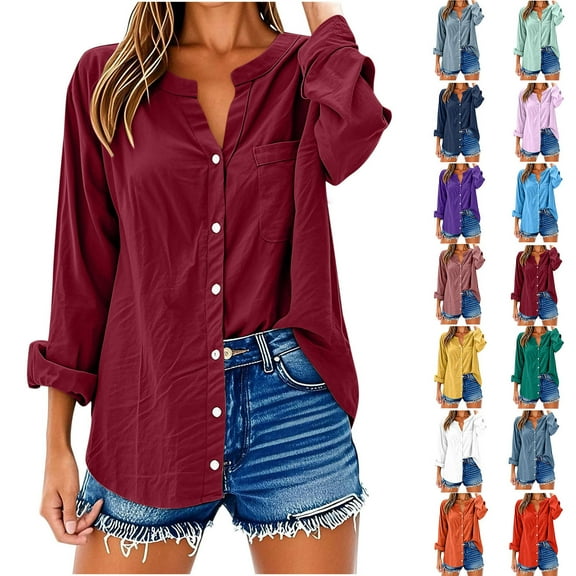 Nfurl Button Down Shirts for Women Plus Size Business Casual Long Sleeve Tops Loose Fit Solid Color V Neck Shirt for Work Office Fashion Clothes Orange XXXXXL