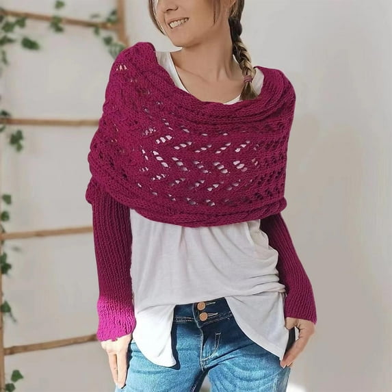 Nfurl Cable Knitted Scarf with Sleeves for Women Chunky Warm Wraps Shawl Multifunctional Crochet Shrug with Sleeves Winter Sweaters Hot Pink Free Size