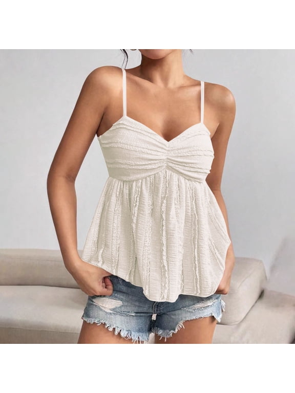 Camisole Tops for Women Spaghetti Strap Womens Tank Tops Elegant Peplum Sleeveless Blouses Fitted Going Out Camisoles White,XL