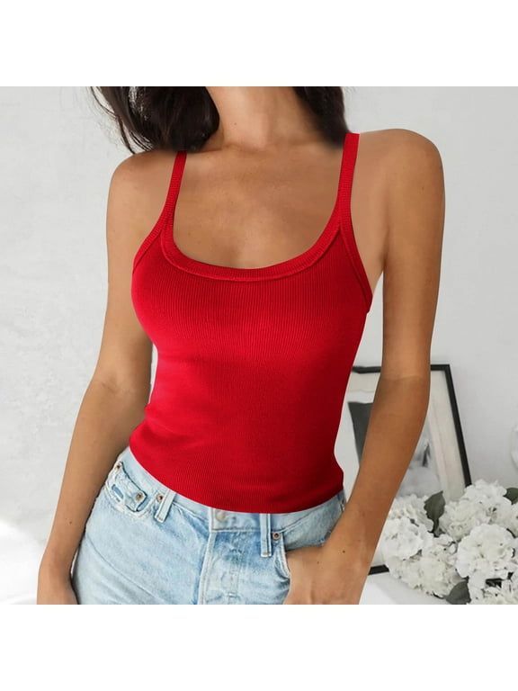 Camisoles for Women for Under Clothes Spaghetti Strap Ribbed Tank Tops Fitted Square Neck Sleeveless Undershirts Summer Tank Tops Red,S