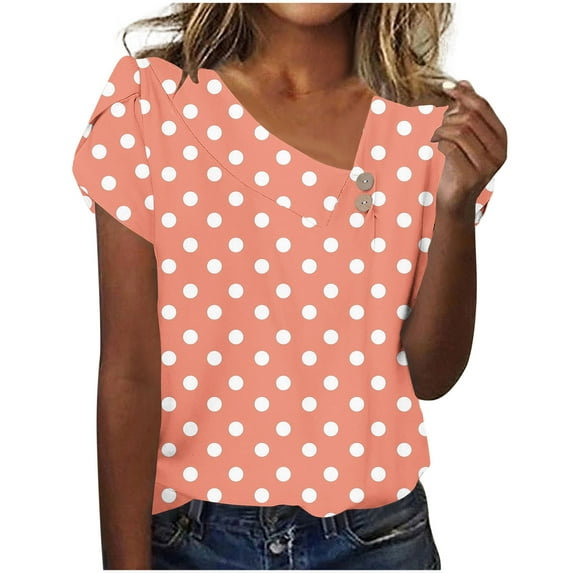 Nfurl Cap Sleeve Tops for Women Elegant Polka Dot V Neck T Shirts Casual Summer Tops Fitted Ladies Going Out Shirts Orange,Size S