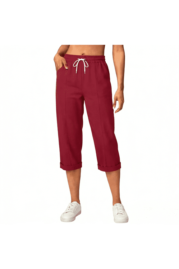 Capri Pants for Women with Pockets Summer Petite Cotton Linen Capri Pants Casual Elastic Waist Drawstring Travel Pant Wine L