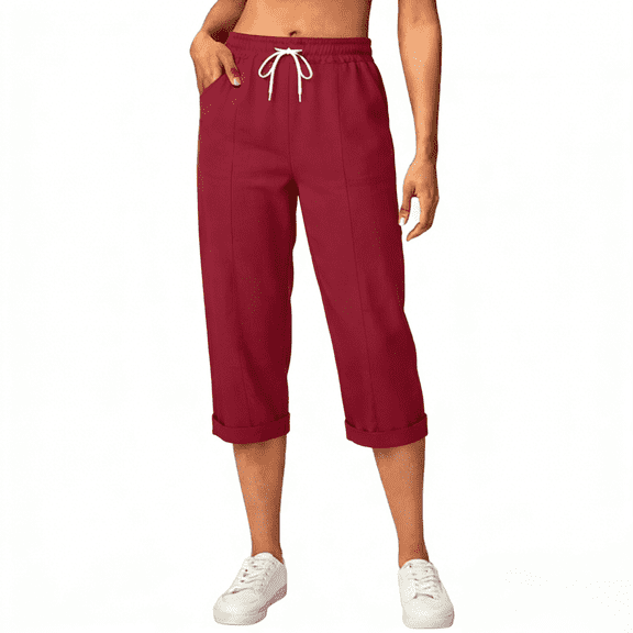 Nfurl Capri Pants for Women with Pockets Summer Petite Cotton Linen Capri Pants Casual Elastic Waist Drawstring Travel Pant Wine S