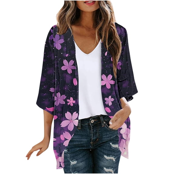 Nfurl Cardigans for Women Plus Size Lightweight 3/4 Sleeve Open Front Chiffon Cardigans Trendy Floral Prints Loose Casual Thin Kimono Cardigan Multicolor,XXXL