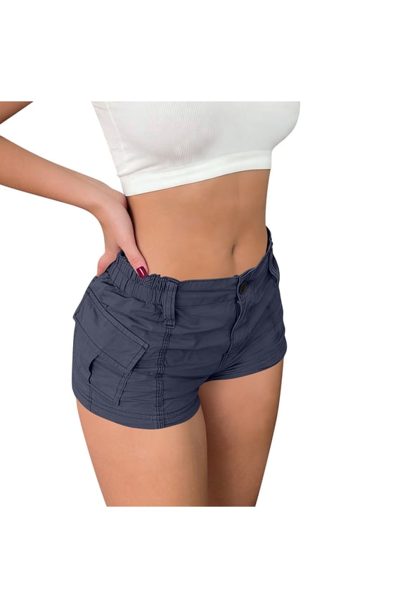 Cargo Shorts for Women with Pockets Expandable Waist Button Zipper Summer Casual Mini Shorts Ladies 3" Inseam Shorts Navy,S