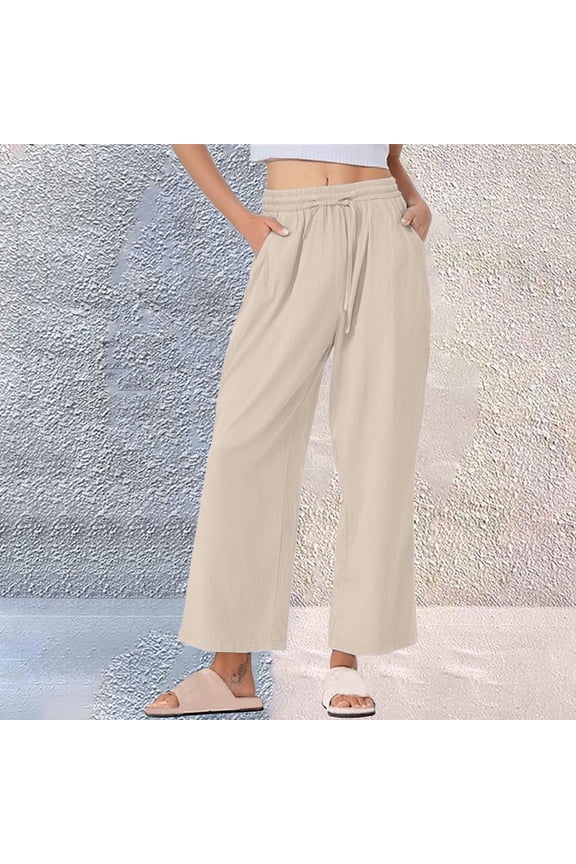 Casual Linen Pants for Women Loose Fit Wide Leg Summer Pant Dressy Casual Going Out Work Linen Palazzo Trouser Pants Khaki L