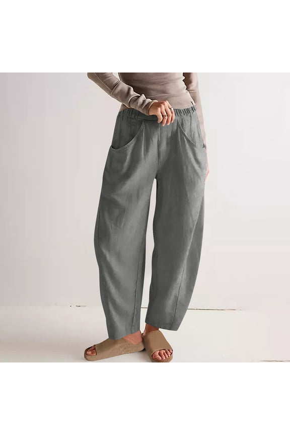Casual Pants for Women with Pockets Elastic Waist Linen Pants Women Travel Vacation Beach Summer Pants Straight Leg Trousers Gray XL