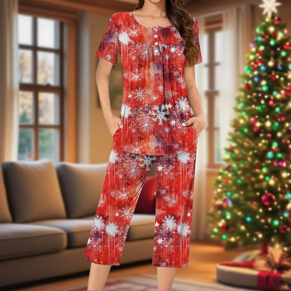 Nfurl Christmas Pajama Sets for Women Cute Xmas Graphic Short Sleeve Shirts and Capri Pants Petite Sleepwear Winter Holiday Party Pjs 2 Piece Red XL