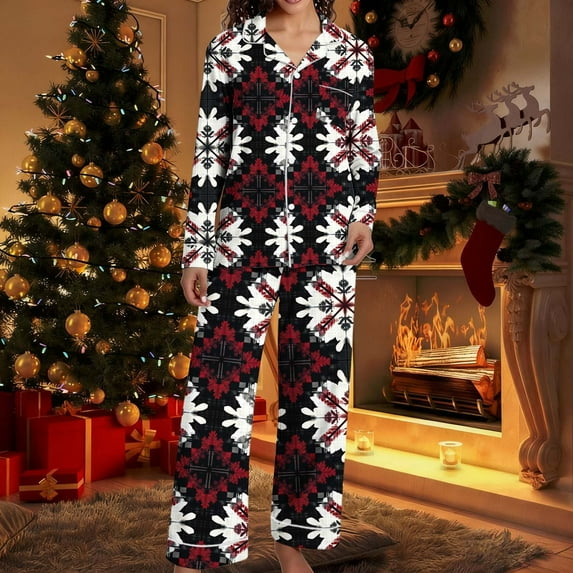 Nfurl Christmas Pajama Sets for Women Trendy Snowflake Print Button Down Shirts and Pants Winter Holiday Party Loungewear Ladies Pjs 2 Piece Red L
