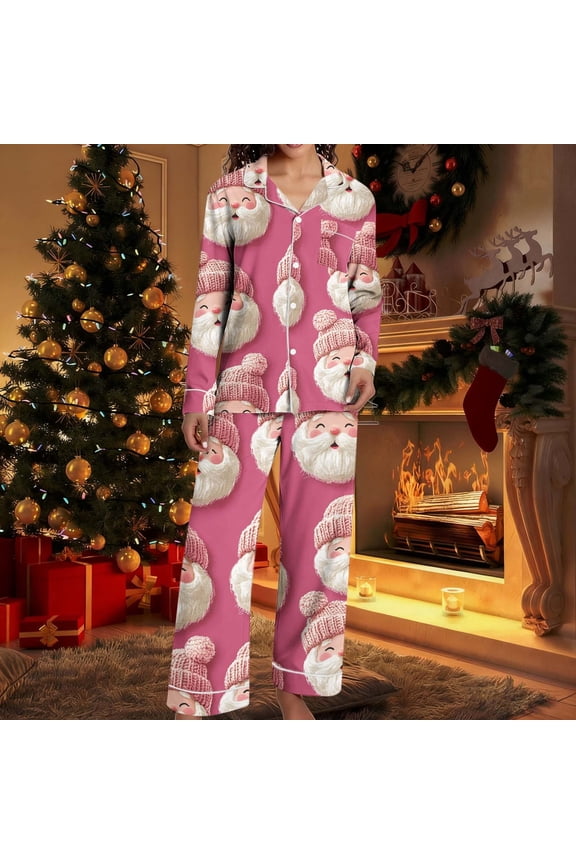 Christmas Pjs Sets for Women Funny Santa Claus Print Button Down Satin Shirts and Pants Lounge Set Winter Holiday Matching Pjs 2 Piece Pink S