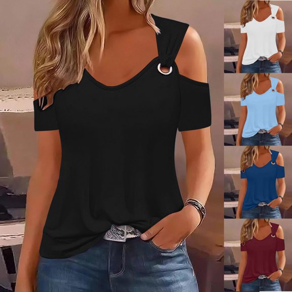 Nfurl Cold Shoulder T Shirts for Women with Strap V Neck Tunic Tops Trendy O Ring T-Shirt Cute Short Sleeve Tee Blouse Casual Loose Fit Blouses