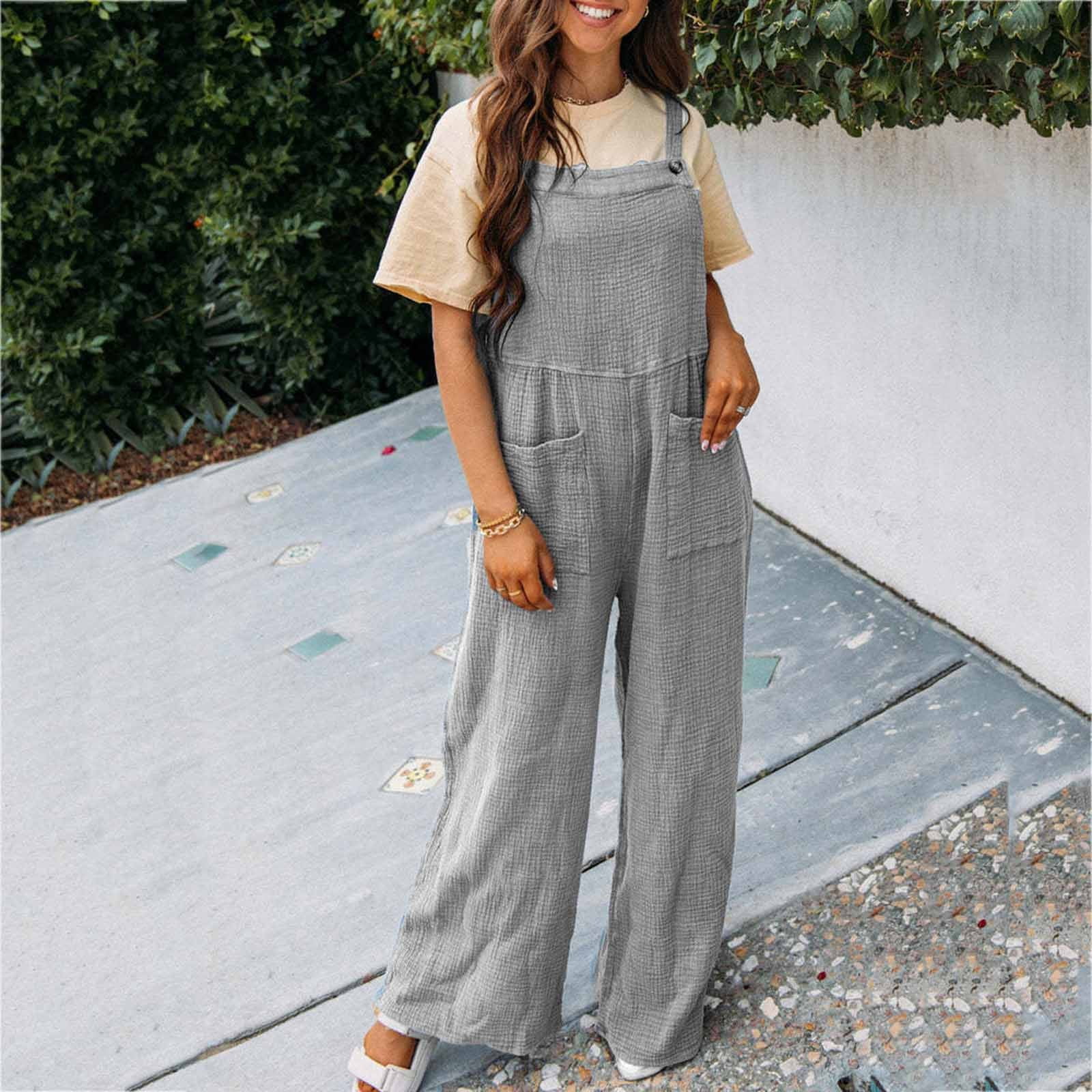 Nfurl Comfy Cotton Jumpsuits for Women Loose Casual Sleeveless Overalls Adjustable Strap Stretchy Rompers Wide Leg Long Romper with Pockets Walmart