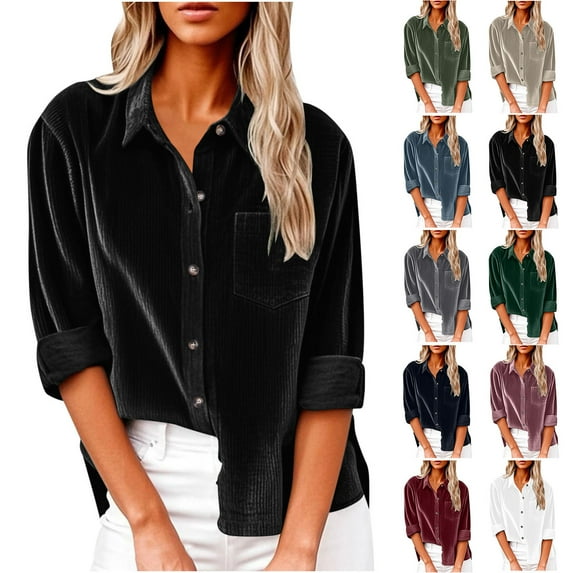 Nfurl Corduroy Button Down Shirts for Women Plus Size Soft Long Sleeve Lapel Collar Shirt Business Casual Solid Color Tops for Work Dark Blue M