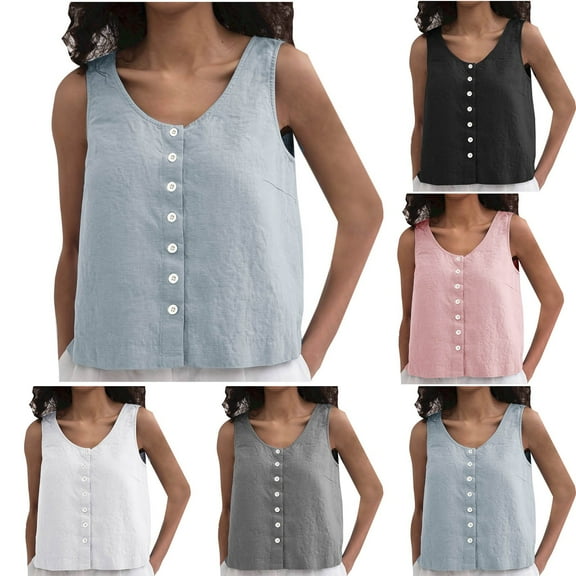 Nfurl Cotton Linen Crop Tops for Women Button Down Tank Top Summer Casual Sleeveless T Shirts Comfort Scoop Neck Tunic Tees Lightweight Solid Color T-Shirt