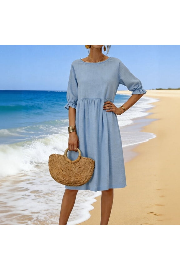 Cotton Linen Dresses for Women Elegant 3/4 Sleeve Spring Dress Casual Pleated Hem Summer Midi Dress Ladies Going Out Dresses Blue S