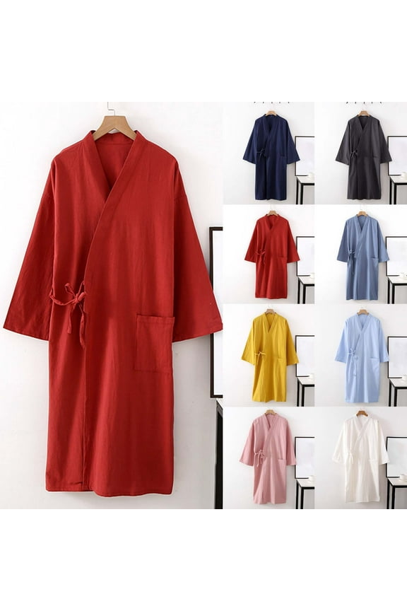 Cotton Linen Robes for Women Soft Open Front Dressing Gowns Comfy Belted Long Bathrobe Solid Long Sleeve Lounge Robe with Pockets Cozy Pajamas Petite