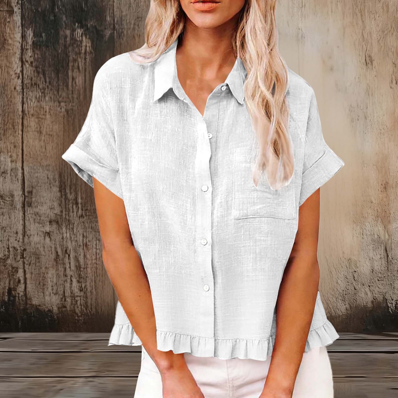 Nfurl Cotton Linen Tops Women Summer Short Sleeve Button Down Shirts ...