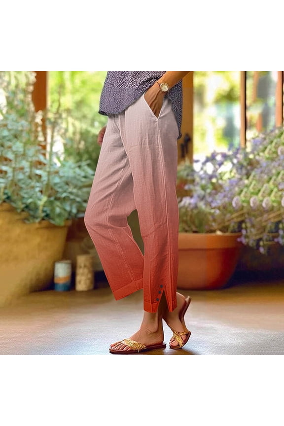 Cotton Linen Trouser Pants for Women Trendy Gradient Printed Elastic Waist Side Split Open Bottom Linen Pants Ladies Summer Pant Red XXL