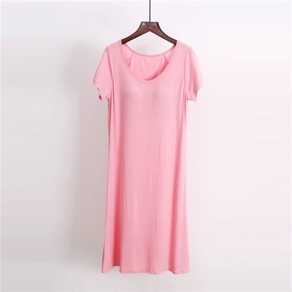 Nfurl Cotton Nightgowns for Women Short Sleeve Built in Bra Nightgown Soft Solid Color Crew Neck Sleepwear Lightweight Comfy Ladies Night Dresses Pink,XXXL