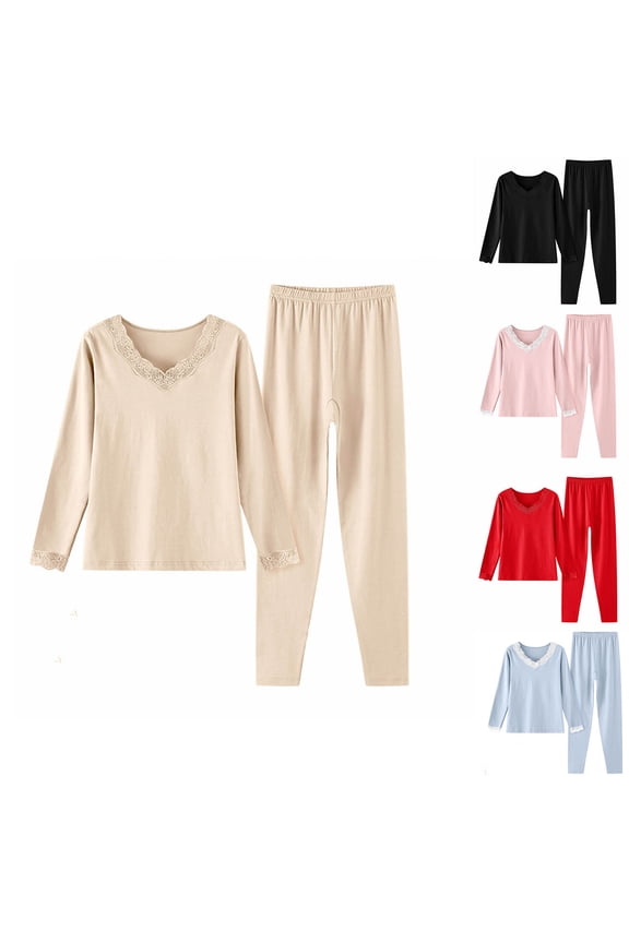 Cotton Pajamas Sets for Women 2 Piece V Neck Long Sleeve Sleepwear with Night Pants Comfy Ladies Fall Winter Maching Pjs Set Beige M