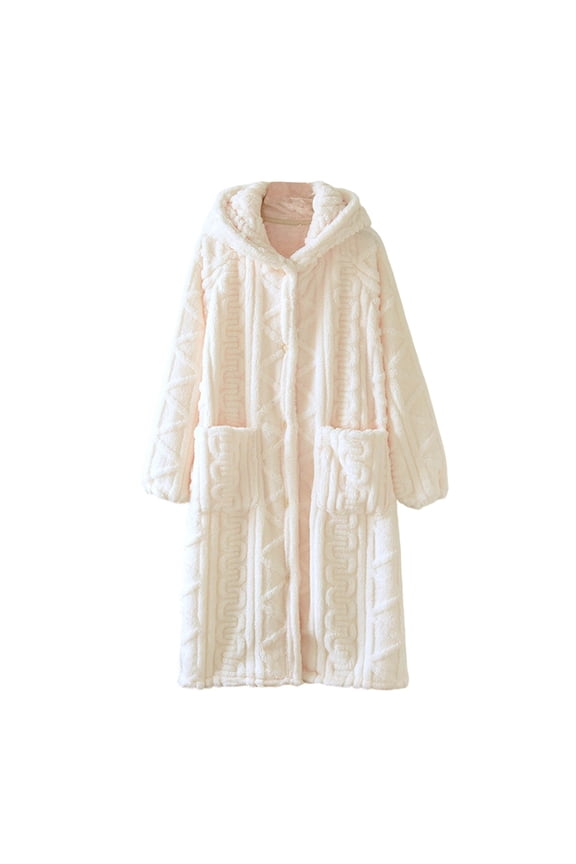 Cotton Robes for Women with Pockets Textured Solid Color Long Sleeve Hooded Bathrobe Soft Snap Front Housecoats Fall Winter Robe Beige M