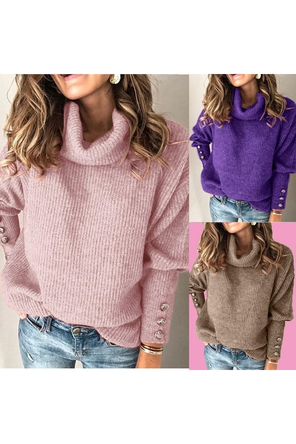 Cowl Neck Knit Sweaters for Women Casual Long Sleeve Pullover Sweater Warm Solid Color Button Decor Sweaters Comfy 2025 Fall Sweater Pink XXL
