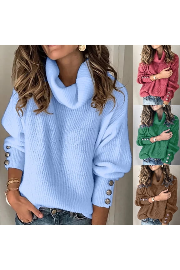 Cowl Neck Sweaters for Women Plus Size Soft Long Sleeve Solid Color Pullover Sweater Trendy Button Printed Fall Sweaters 2025 Going Out Tops Sky Blue XXXL