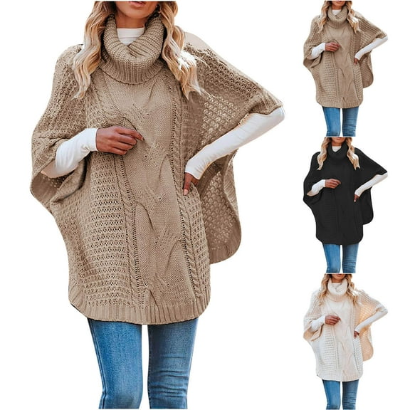Nfurl Cowl Neck Sweaters for Women Fall Cable Knitted Poncho Sweater Causal Batwing Sleeve Hollow Out Pullover Sweaters Jumper Tops Beige XL
