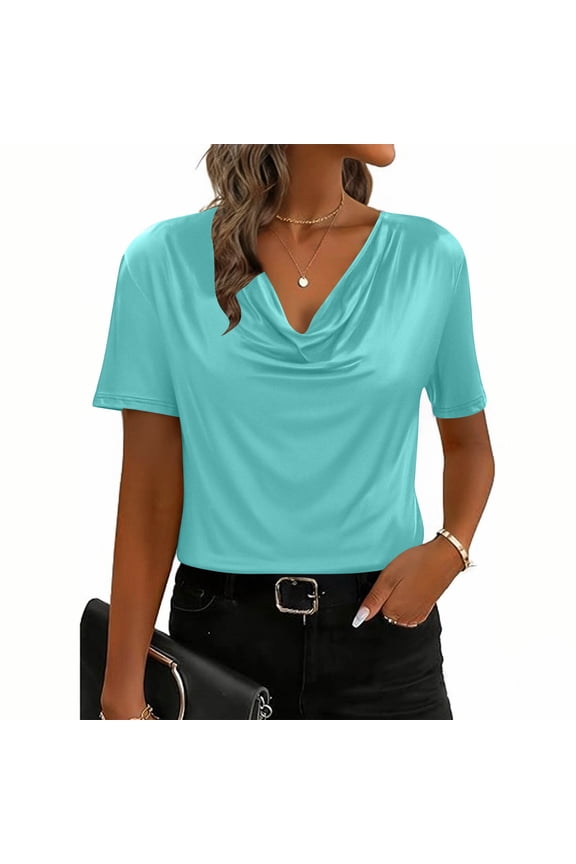 Cowl Neck Tops for Women Short Sleeve Solid Color Summer Going Out Tops Fitted Ladies Blouses Business Casual Work Office Blouse Light Blue L