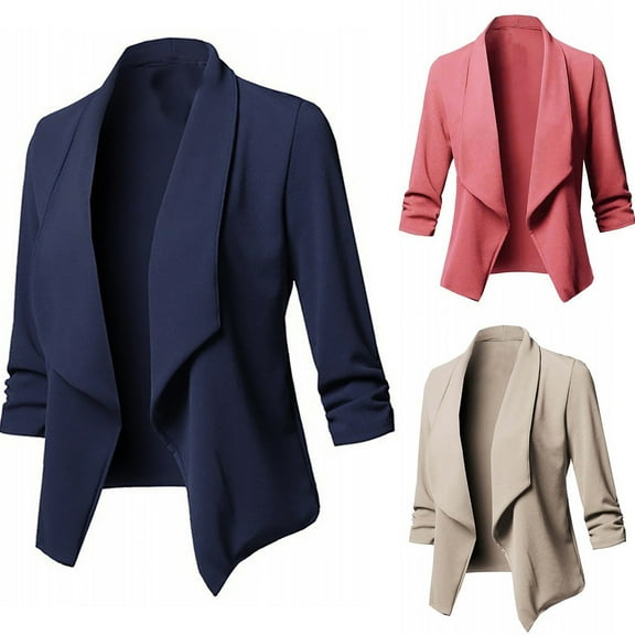Nfurl Cropped Blazers for Women Dressy Casual Solid Color Lapel Blazer Business Suit Jackets Fall Fashion Office Coats Khaki L