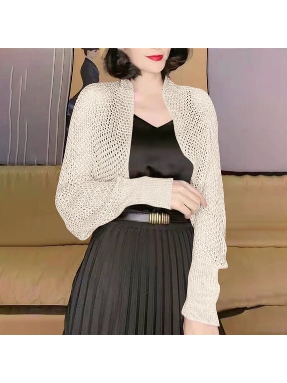Cropped Cardigans for Women Bolero Shrug Hollow Out Crochet Cardigan Lightweight Long Sleeve Open Front Kint Cardigans Beige Free Size