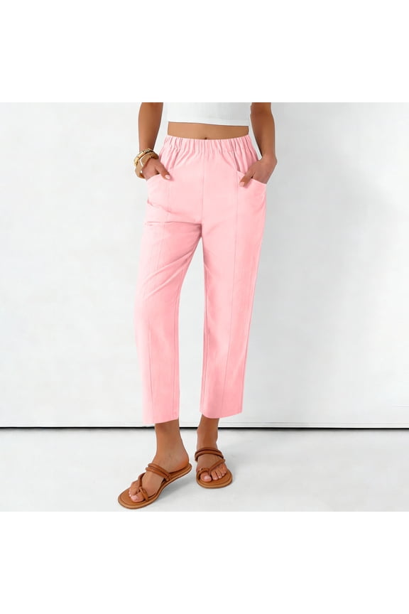 Cropped Pants Women Pull On Straight Leg Cotton Linen Summer Pants Casual Elastic Waist Linen Cropped Lounge Pants with Pockets Pink S