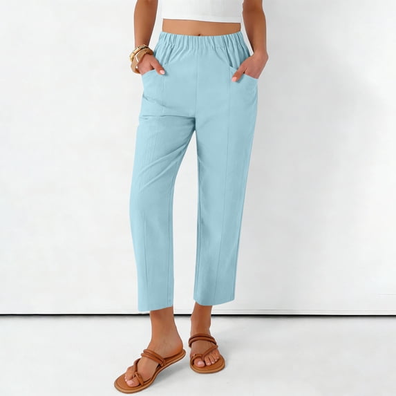 Nfurl Cropped Pants for Women Elastic Waist Straight Leg Cotton Linen Trouser Pants Dressy Casual Solid Color Summer Ladies Pant Blue S