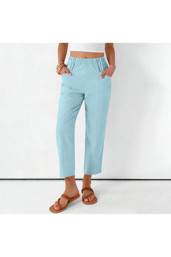 Cropped Pants for Women Elastic Waist Straight Leg Cotton Linen Trouser Pants Dressy Casual Solid Color Summer Ladies Pant Blue XXL