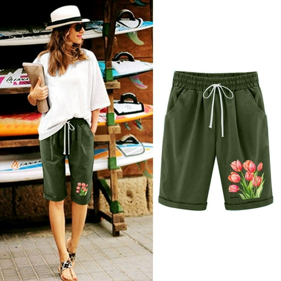 Nfurl Cute Bermuda Shorts for Women Petite Cotton Linen Shorts Knee Length Elastic Waist Shorts Loose Fitted Workout Shorts Lightweight Summer Beach Shorts