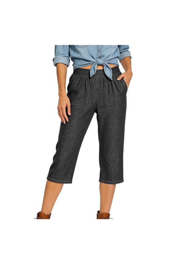 Denim Look Pants for Women Stretch Mid Rise Straight Leg Capris with Pockets Lightweight Elastic Waist Summer Capris for Work Casual Dark Gray,S