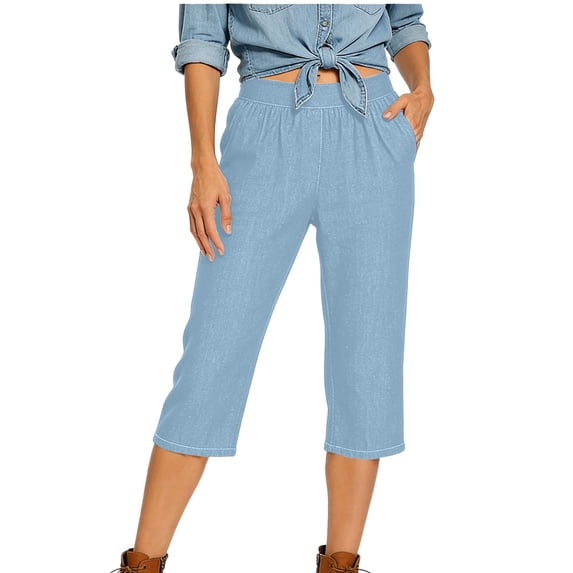 Nfurl Denim Look Pants for Women Stretch Mid Rise Straight Leg Capris with Pockets Lightweight Elastic Waist Summer Capris for Work Casual Light Blue,L