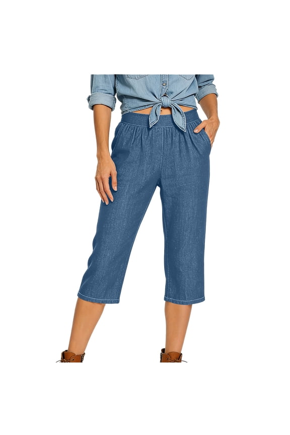 Denim Look Pants for Women Stretch Mid Rise Straight Leg Capris with Pockets Lightweight Elastic Waist Summer Capris for Work Casual Blue,L