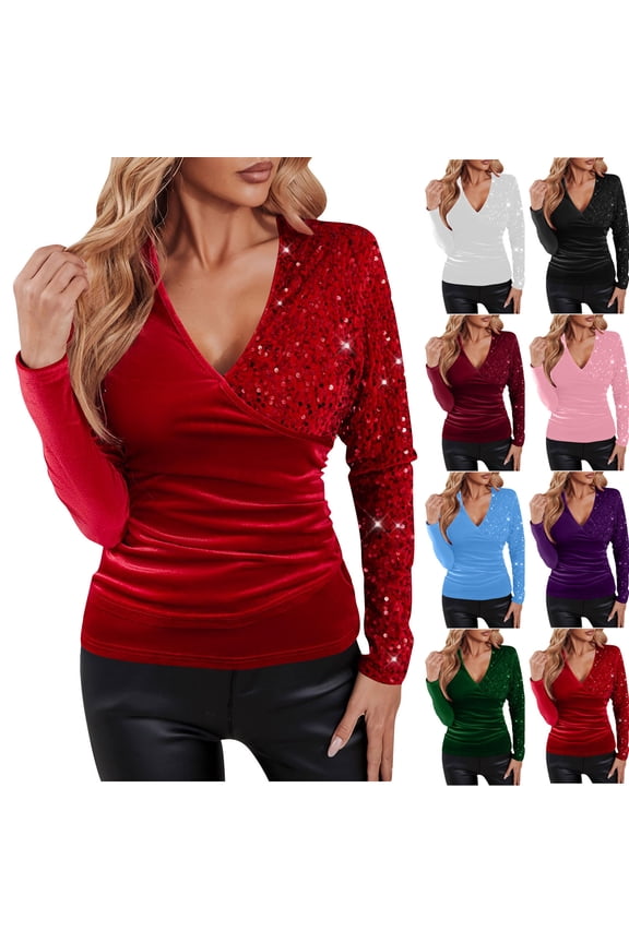 Dressy Velvet Tops for Women Fitted V Neck Long Sleeve Sequin Party Blouses Elegant Evening Concert Holiday Shirts Ladies Clubwear Red L