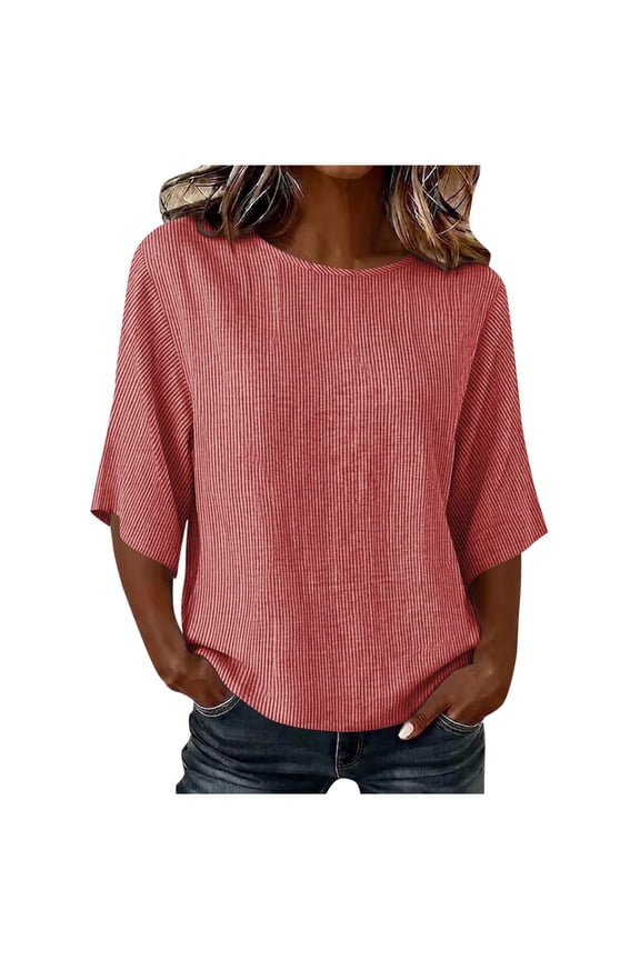 Elbow Sleeve Tops Women Round Neck Cotton Linen Shirts Trendy Summer Striped Tops Loose Fit Ladies T Shirts Red,XL