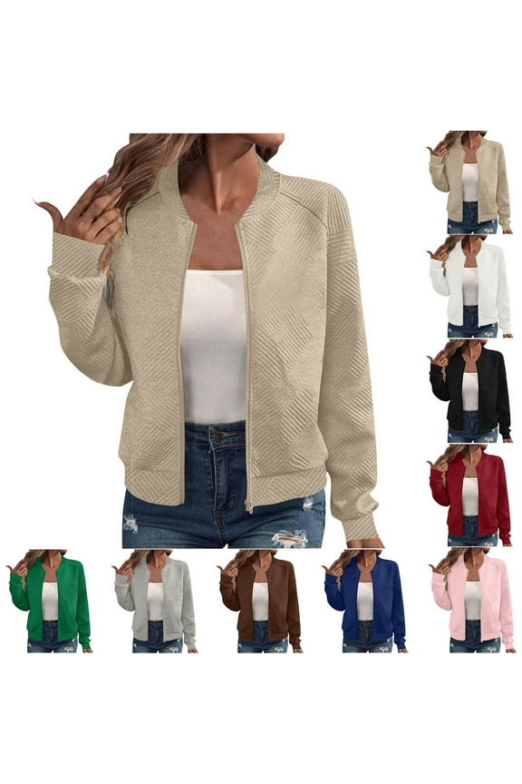 Fall Jackets for Women Causal Long Sleeve Bomber Jacket Textured Solid Color Crop Jackets Outerwear Fashion Coats Khaki S