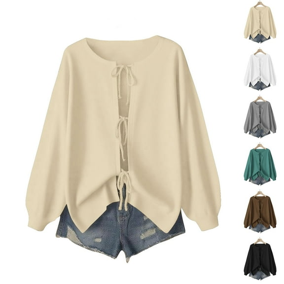 Nfurl Fall Jackets for Women Trendy Tie Front Long Sleeve Coats Basic Solid Color Thin Jacket Casual Outerwear Fashion Jackets Beige XXL