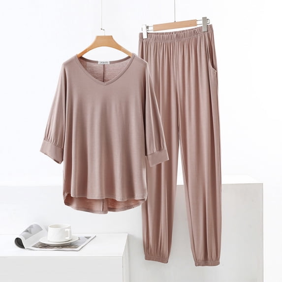 Nfurl Fall Pjs for Women 2 Piece Modal Pajama Sets Soft Elbow-Sleeve V Neck Tops Comfy Night Pants with Pockets Loungewear Ladies Sleepwear Sets Khaki,XL