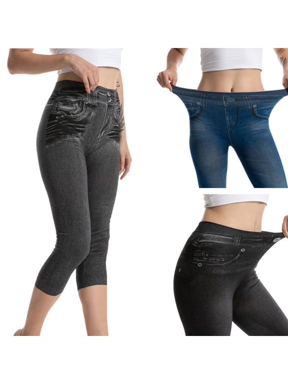 Faux Denim Capri Leggings for Women Butt Lifting Tights Stretch High Waisted Yoga Pants Soft Tummy Control Cropped Leggings Athletic Activewear