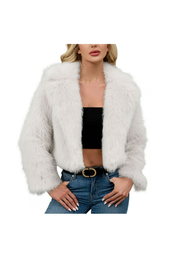 Faux Fur Cropped Jackets for Women Soft Fluffy Fleece Long Sleeve Open Front Lapel Short Jacket Ladies Fall Winter Outerwear White S