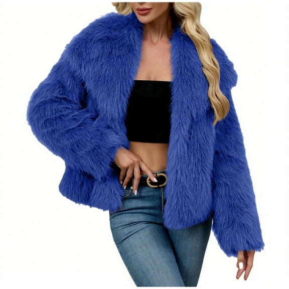 Nfurl Faux Fur Jackets for Women Soft Fluffy Long Sleeve Short Jacket Casual Open Front Lapel Cropped Coats Ladies Fall Winter Outerwear Blue L