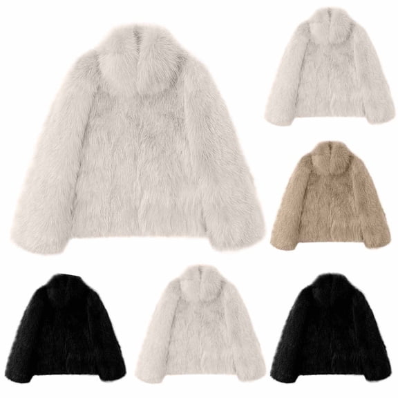 Nfurl Faux Fur Jackets for Women Soft Shaggy Fleece Crop Jacket Causal Long Sleeve Solid Color Outerwear Coats Ladies Fall Tops Black XL